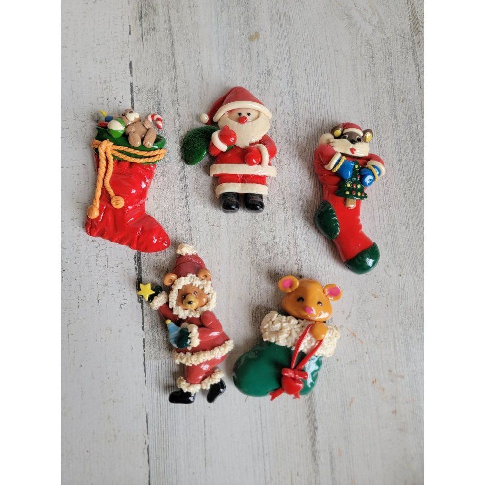 Vintage Clay Santa Claus stocking teddy bears magnet Xmas set decor